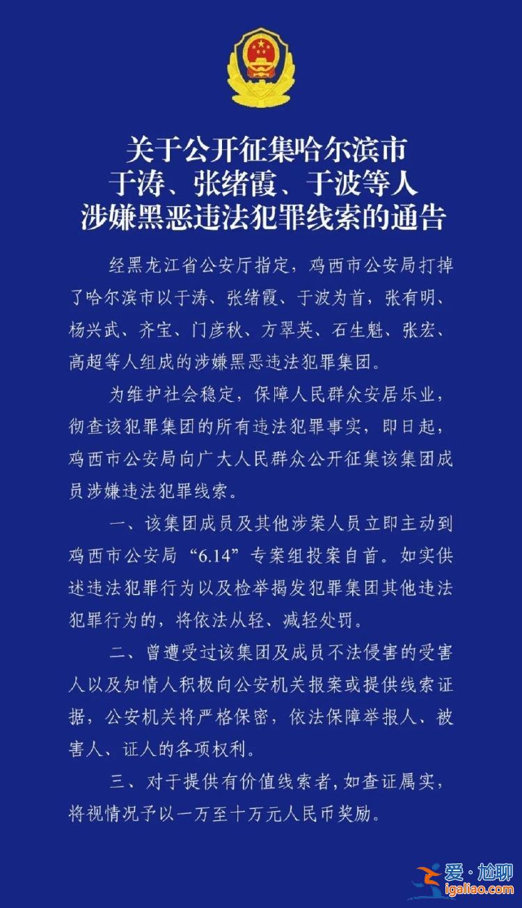 哈尔滨市公安局原副局长于涛涉嫌黑恶犯罪 警方征集线索最高奖励十万？